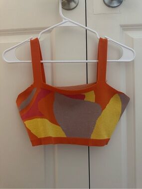 Colorblock Knit Crop Tank & Short Set - Orange, Yellow, Taupe